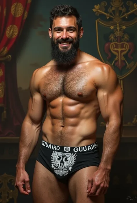 Smiling young mixed race man dripping with heavy sweat bearded and hairy wearing underwear printed with a black and white flag with a double headed eagle and a crown, holy roman empire, prussia, Austria, austro - hungarian, of the Duchy of Lithuania, imper...