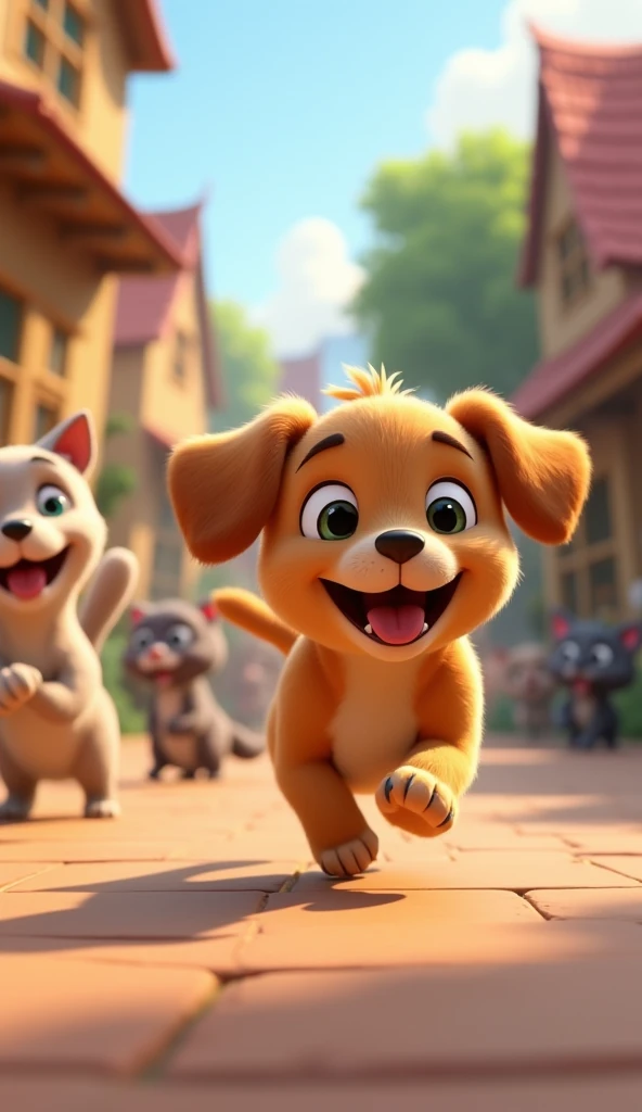 Cartoon anime 3D characters of A playful puppy with soft brown fur and big floppy ears chases after the cat. His tongue is out, and his tail is wagging excitedly. The village scene is lively, with other animals watching the playful chase.