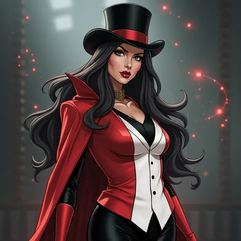 Create a realistic and epic image of a fusion between Scarlet Witch and Zatanna. The character should have:

Face: Combine the mysterious and intense features of Scarlet Witch with the beauty and elegance of Zatanna, creating a face that exudes (((power an...