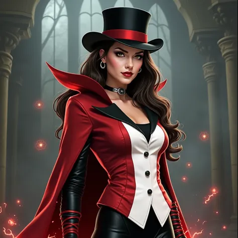 Create a realistic and epic image of a fusion between Scarlet Witch and Zatanna. The character should have:

Face: Combine the mysterious and intense features of Scarlet Witch with the beauty and elegance of Zatanna, creating a face that exudes (((power an...