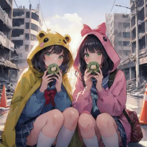 Sitting on the ground eating kiwi、黄色い防災頭巾を着たAnime Girls, Destroyed city and buildings, Anime Style 4 k, Gweiz-style artwork, Anime Girls, Anime Styled digital art, two beautiful anime, 80年代のAnime Style, Anime Style illustration, Anime Style. 8k, Anime Styl...