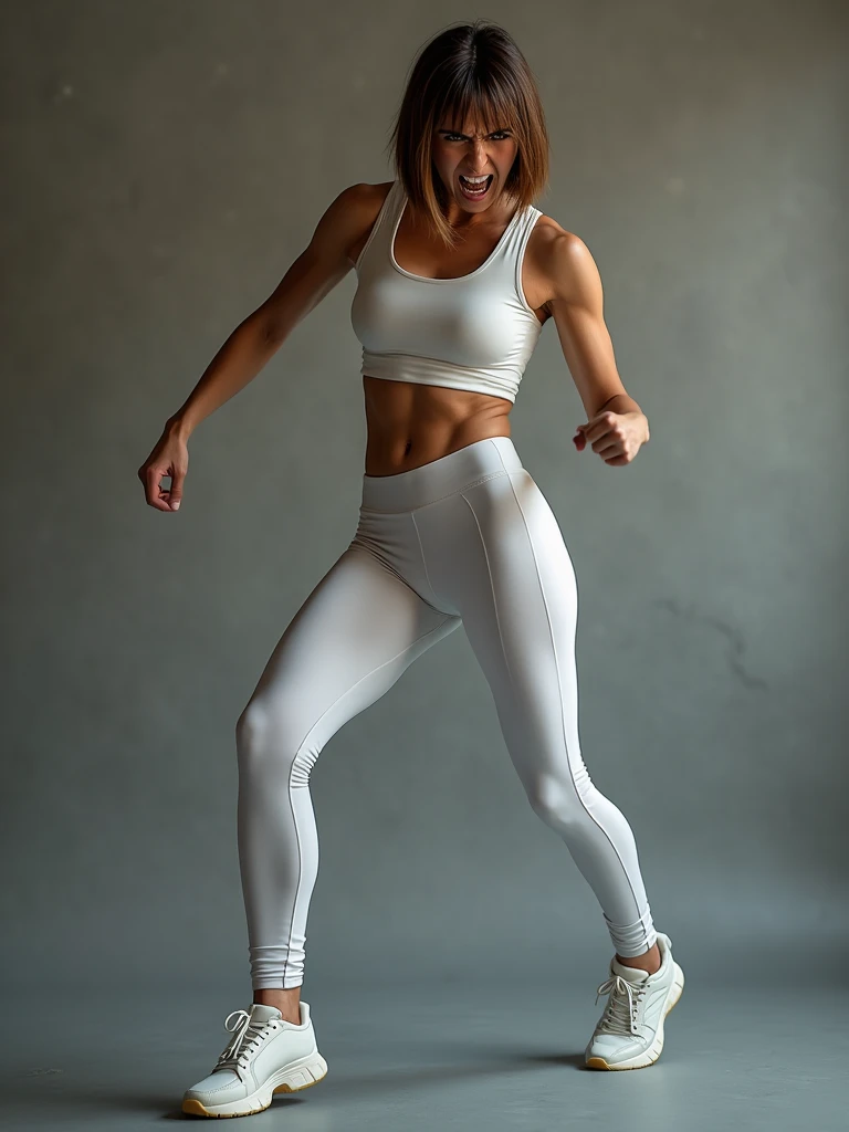 RAW photo, full body shot, 30-year-old, beautiful white woman, angry, gritting teeth, high kicking, wearing white tank top, wearing white leggings, wearing white sneakers, short straight brown bob hair, light gray background, photorealistic, masterpiece, b...