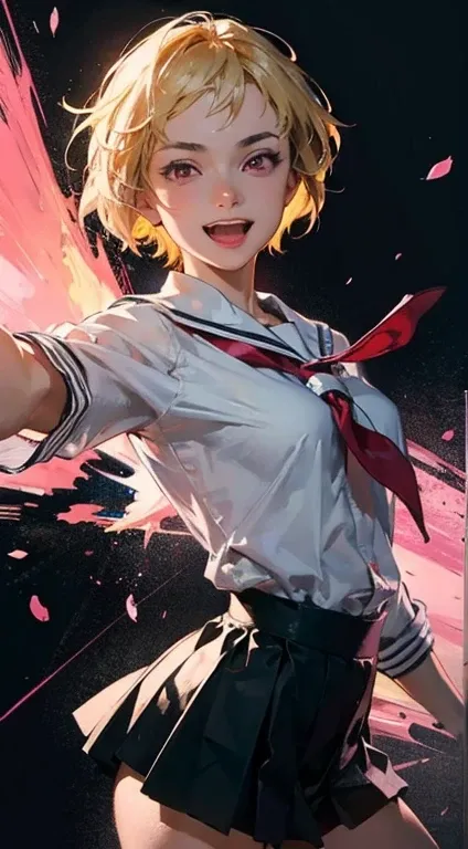 vibrant colors, masterpiece, sharp focus, best quality, depth of field, cinematic lighting, perfect body, perfect anatomy, dynamic pose, dynamic angle, , blonde hair, pink eyes, pixie cut, highschool uniform, at school, bright smile, excited