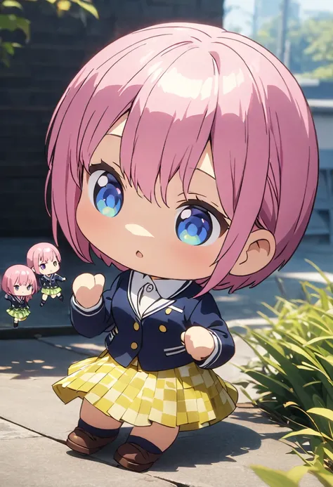 (Highest quality, 4K, 8k, High resolution, masterpiece:1.2), Very detailed, Picturesque, Animated Photography, Photo Animation:1.37)、Japanese schoolgirl、(Pink Hair)、(short hair)、(chibi:1.4),white shirt、Yellow-green checkered skirt,(high scool uniform:1.2)、...