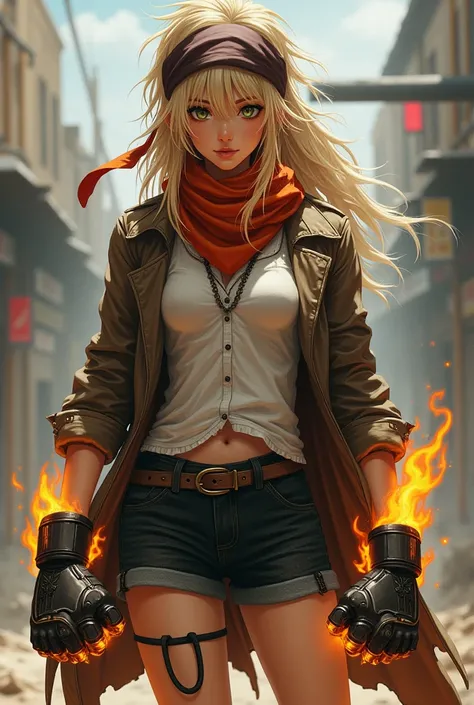 Solitary, 1 long-haired blonde girl, messy wavy hair, Dark brown bandana, Orange scarf, White shirt, Medium chest, Black denim shorts, dark brown trench coat, Black leg ring, Flame-wrapped fists, Mechanical gloves. Wild female boxer.
