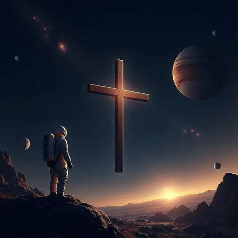 The Cross , in outer space , planets , Stars and an Austronaut , 