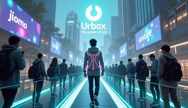 Panoramic ultra-wide angle camera The scene is a sci-fi futuristic city with modern architecture, sprawling trees, and blue-purple LED lights covering the buildings. In the sky, the UrBox logo and the words "The Power of We" shine brightly, right in the ce...