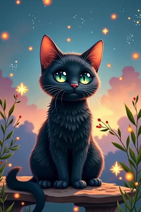 Please draw a cat with shiny black fur.。These Cats、She was sitting calmly with a slight smile on her face.、The large, bright green eyes are impressive.。The cat&#39;s ears are pointed、The face is slightly rounded。Cats、The night sky slowly々The background is ...