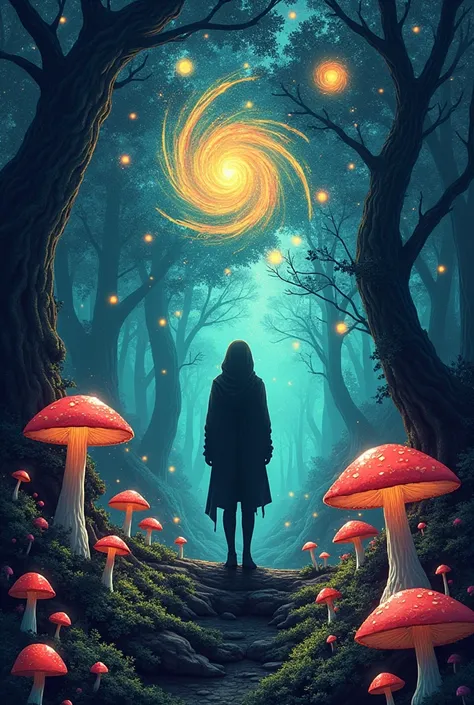 Create the image of some human being or some humanoid. You don&#39;t need to show the face. It can be the silhouette of that person in a colorful forest of mushrooms and above it a direction as if the person were going into space with psychedelic images of...