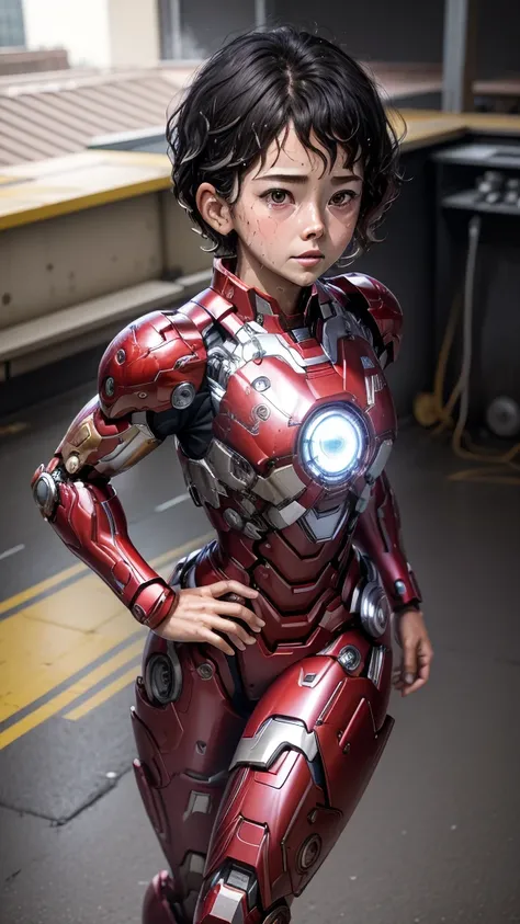 Highest quality　8k Iron Man suit girl　Elementary school girl　Sweaty face　cute　short hair　boyish　Steam coming from the head　My hair is wet with sweat　Black hair feel　Full body portrait