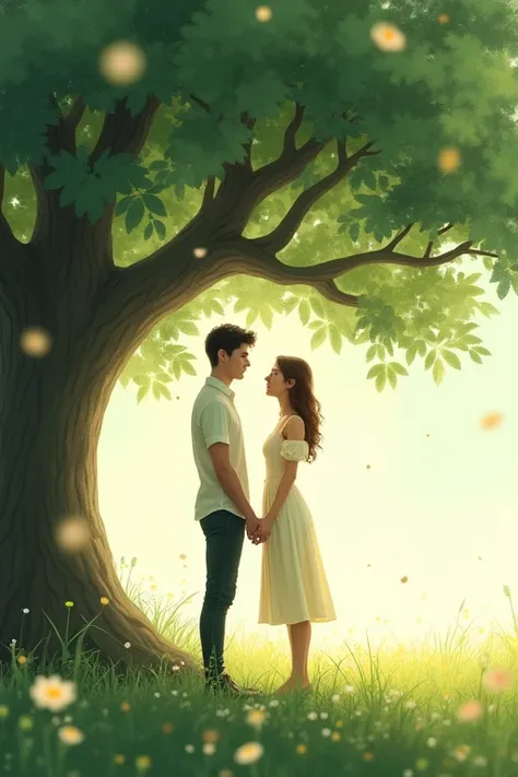 Under the big tree,Cute guy,Cute girl,meet,Holding hands,Pastel Photos