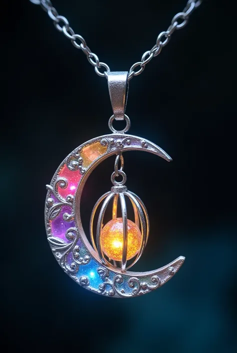 This is an enchanting crescent moon necklace, featuring a glowing, luminescent design. The crescent moon pendant is large and dominates the design, curving gracefully with a delicate filigree pattern that adds intricate detail to its surface. The crescent ...