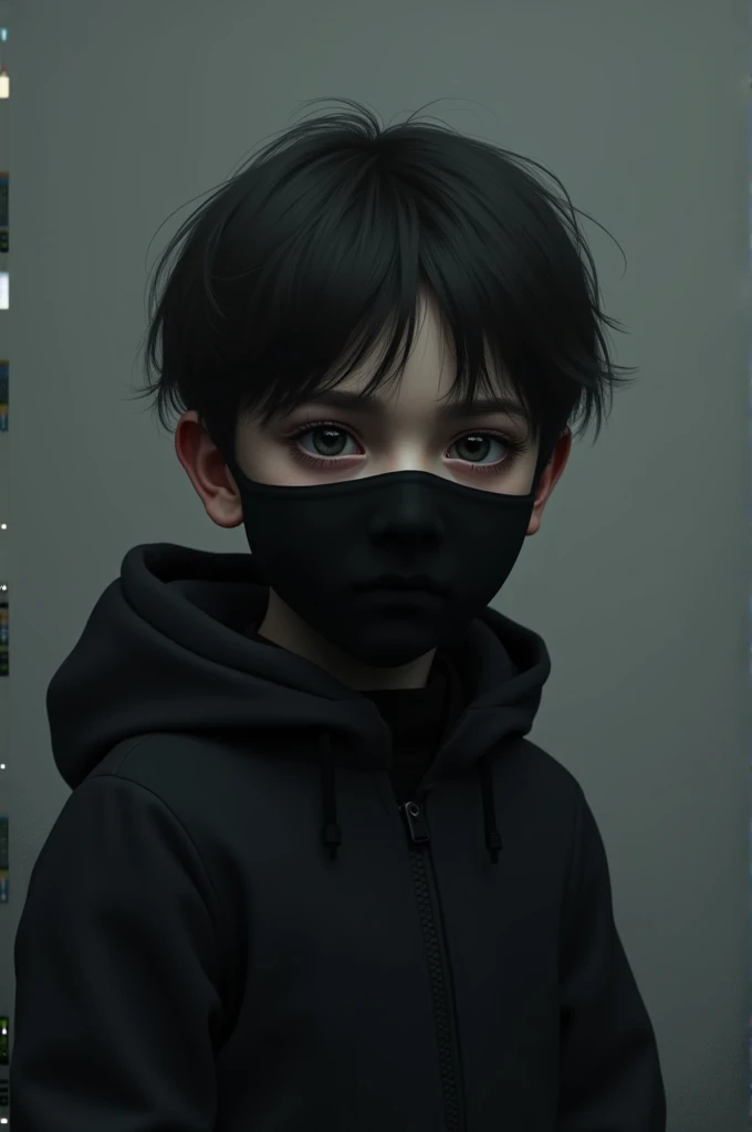 A boy with black jacket, background gray,black mask on,