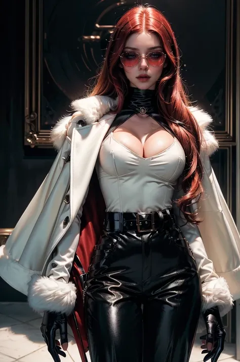 [cowboy shot], a beautiful young woman with long red hair, detailed facial features, ((wearing high quality high waist black vinyl pants)), ((a formal white colored top with cleavage and long sleeves)), ((a white fur coat on shoulders)), ((luxury waist bel...