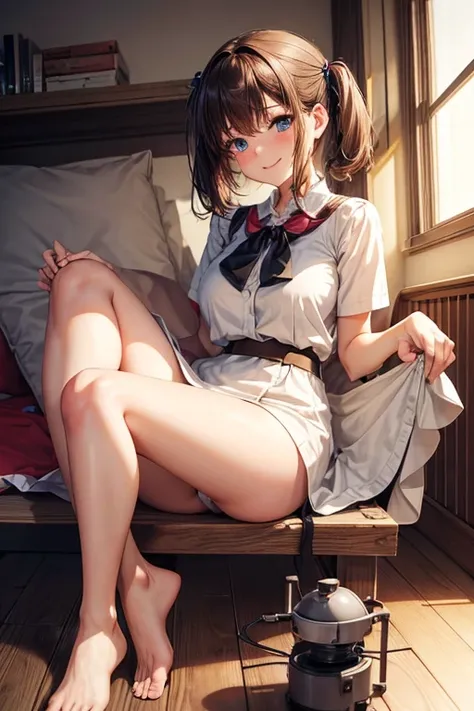 at Obstetrics　delivery table　She lifts up the under hem of her beige plain dress, leaning over, Climax, get ecstasy, masterpiece, very short pigtails,brown hair, Hair tie with two big red clothespins, mature, Female robot, android, blue eyes, full body fig...