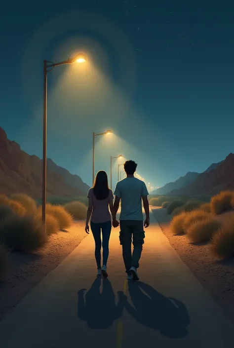 Desert factory city road. Middle of the desert factory city beside desert bushes. Lone street with sodium street light. Couple walking holding each others hand. Night is starry. Weather is light cold and a bit foggy. Beautiful Girl age 32, weight 55kg, hig...