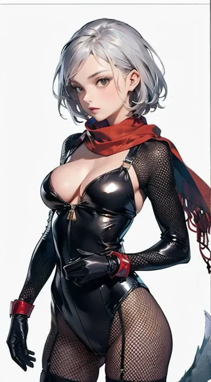 fishnets, fishnet legwear, scarf, ninja, 1wolfgirl, solo, red scarf, breasts, (((fishnet bodysuit))), weapon, kunai, cleavage, silver hair, fishnet gloves, short sword, 