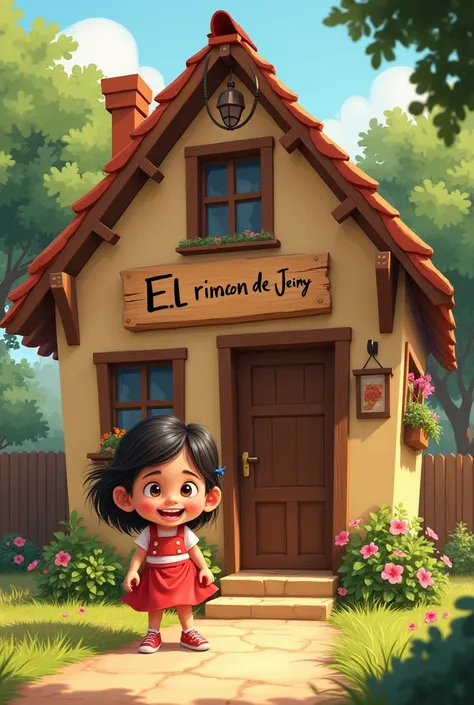 Little house with a girl outside and that says El Rincon De Jeimy 