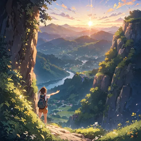 highest quality, masterpiece, Highly detailed background, Majestic Mountain々Back view of a girl climbing a hill, ((summer  climber style clothing)), short hairA person stretching out in the sunlight shining through the mountaintop, Beautiful landscapes in ...