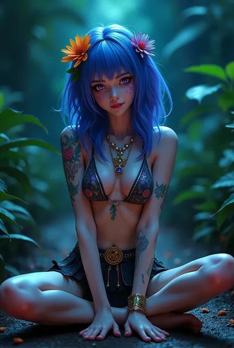 best photo, realistic photo, bright colors, masterpiece, best quality, blue and purple hair, ridiculous, night, jungle, blurred background, 1 3 woman, beautiful face, detailed eyes, looking at the audience, opposite, sexy, sitting on the ground with legs s...