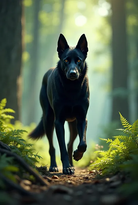 The long black dog walked facing the forest.