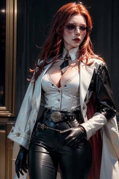 [cowboy shot], a beautiful young woman with long red hair, detailed facial features, ((wearing high quality high waist black leather pants)), ((a formal white colored silk shirt with cleavage and long sleeves)), ((a white fur coat on shoulders)), ((luxury ...