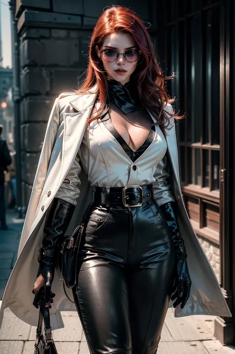 [cowboy shot], a beautiful young woman with long red hair, detailed facial features, ((wearing high quality high waist black leather pants)), ((a formal white colored silk shirt with cleavage and long sleeves)), ((a white fur coat on shoulders)), ((luxury ...