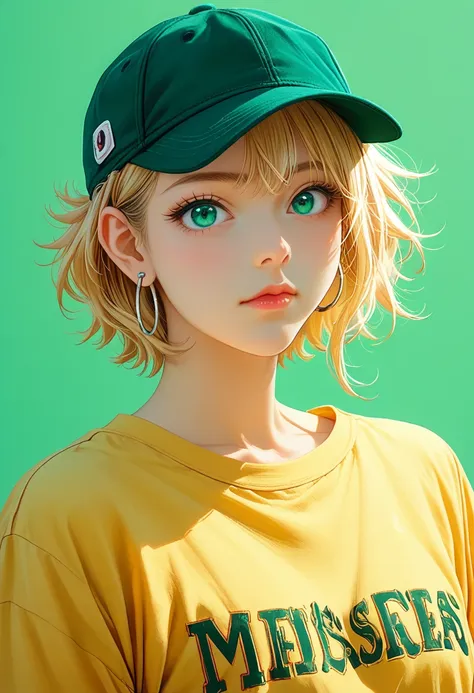 nomura tetsuya, masterpiece, best quality, 1girl, aqua eyes, baseball cap, blonde hair, closed mouth, earrings, green background, hat, hoop earrings, jewelry, looking at viewer, shirt, short hair, simple background, solo, upper body, yellow shirt 