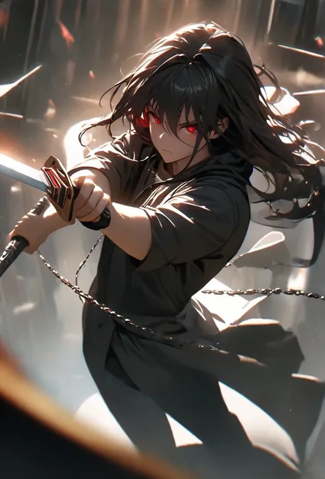 1 male, teacher, wearing black shirt, rolled up sleeves, black long pants, black hair, very messy long hair, face to detail, detailed eyes, bright red eyes, hood, the background is space in china. In a fighting position. Silver chains everywhere. Holding a...