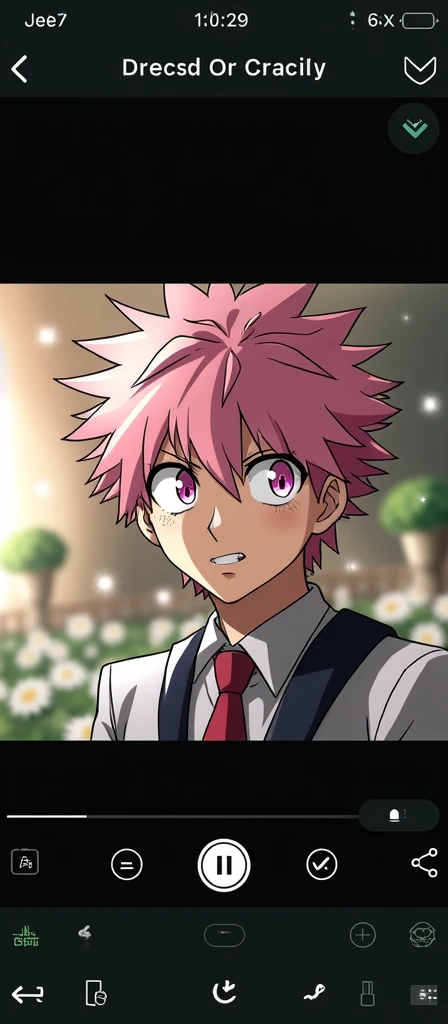 Boku no hero academia screenshot, A tall boy, short messy pink hair, pink slanted eyes, with glitter, clear skin, attractive, with a wedding dress