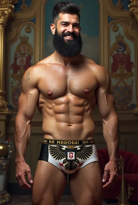 Smiling young strong extremely hairy and bearded mixed race man wearing underwear printed with a black and white flag with a double-headed eagle and a crown, holy roman empire, prussia, Austria, austro - hungarian, of the Duchy of Lithuania, imperial russi...