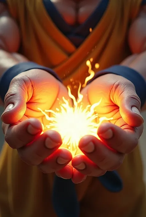 very super close-up image of the hands of Son Goku(Dragon Ball(manga), muscular,shouting,angry) ,pose of Kamehameha, shooting a beam from hands,realistic art style, generate only hands, screenshot of the action movie,focus on hands