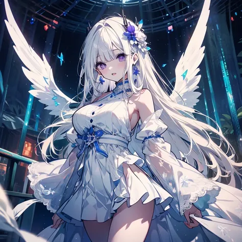 1 person、Mature、Ample breasts、Long Hair、White Hair、Straight hair、Trimmed bangs、White skin、Purple Eyes、Long eyelashes、White Dress、Shoulder Bare、Ballerina Decoration、Lace fabric、in the forest、Night Forest、mysterious、Earrings、Miniskirt、Angel Wings、Fleeting、Tr...