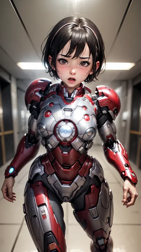 highest quality　8k iron man suit girl　elementary school girl　sweaty face　cute　short hair　boyish　steam coming from the head　my ha...