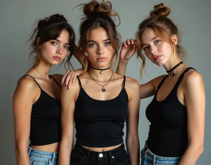 Photos of teenage girls wearing skater fashion. Everyone is wearing a dark tank top.. They are standing side by side, one person raising their hand. Has a naughty appearance. One of them has her hair in a bun