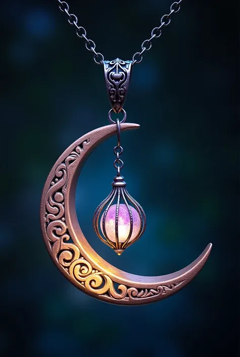 This is an enchanting crescent moon necklace, featuring a glowing, luminescent design. The crescent moon pendant is large and dominates the design, curving gracefully with a delicate filigree pattern that adds intricate detail to its surface. The crescent ...