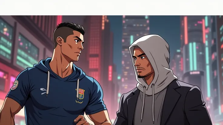 make me a picture of Cristiano ronaldo vs youtuber mr.beast facing each other, with an anime style picture, use hoodie
