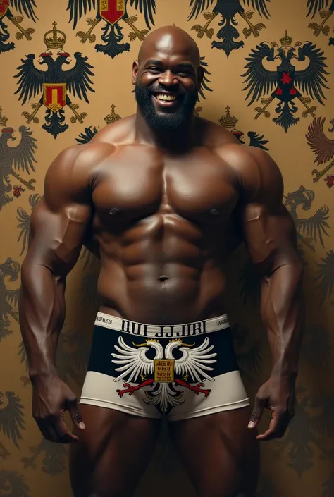 Smiling strong bald black man wearing underwear printed with a black and white flag with a double-headed eagle and a crown, holy roman empire, prussia, Austria, austro - hungarian, of the Duchy of Lithuania, imperial russia, [ digitl art, German, Biedermei...