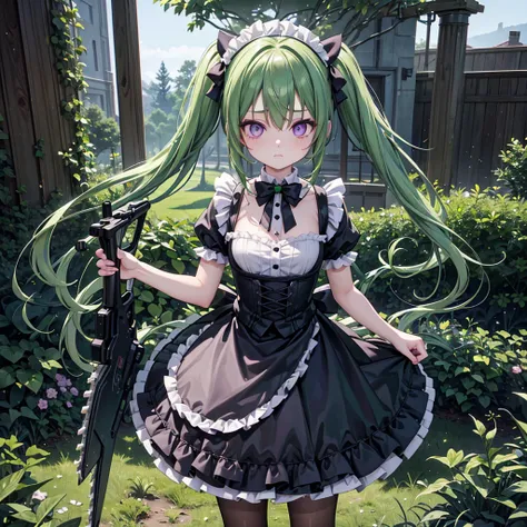 high resolution　gothic maid outfit　wielding a chainsaw　i close my eyes tight　panic　green hair twintails　,(ultra-realistic,32k, m...