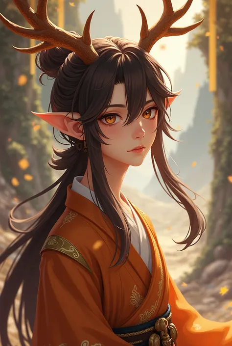 Handsome teenage boy, long brown hair, loose bangs, long pointed ears, has dragon antlers protruding from his forehead, She wears traditional amber-colored oriental clothing, He has a Geo vision and lives in the world of Genshin impact