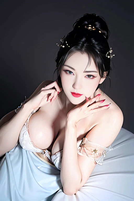 (Very large round breasts: 1.6), (Full body: 1.3), very delicate and beautiful, masterpiece, highest quality, ultra high resolution, 16k, photorealistic, ultra detail, narrow eyes, 1 girl, all white, forehead, black hair , solo, ((very voluptuous glamor)),...