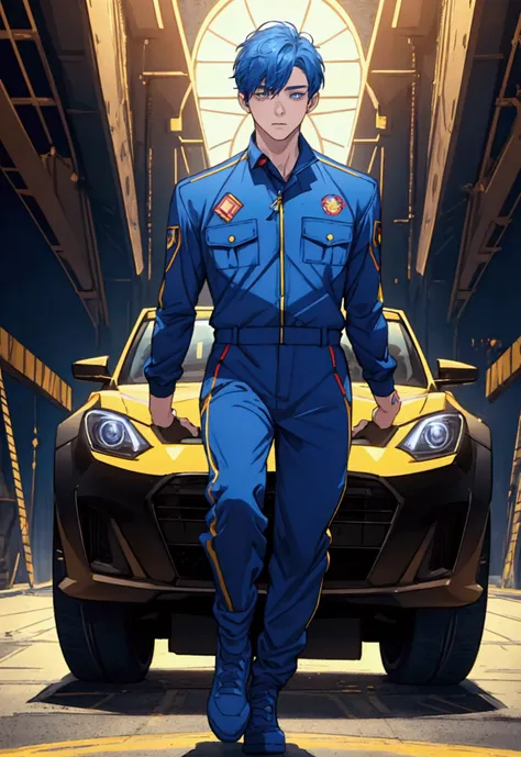 ((1boy)), super fine illustration, vibrant colors, absurdres extremely detailed CG, 8k wallpaper, (masterpiece:1.3), dynamic angle, dynamic pose, best quality, depth of field, cinematic lighting, ultra detailed, front-view,  The president is push the car t...