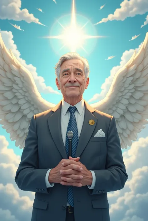 Elderly man in suit with microphone on tie and middle aged blond man in gray suit holding air conditioner in heaven with angels
