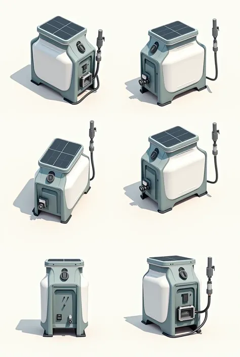 illustration of solar-powered pesticide sprayers with front view, top view, left side view, right side view, back view, upper left view