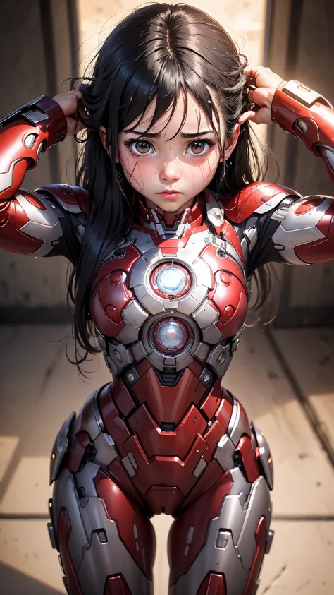 Highest quality　8k Iron Man suit girl　Elementary school girl　Sweaty face　cute　Tie your hair back　Steam coming from the head　My hair is wet with sweat　Black hair feel　Full body portrait　Ecstatic expression　Drooling dripping from the mouth　look up　bare hands...