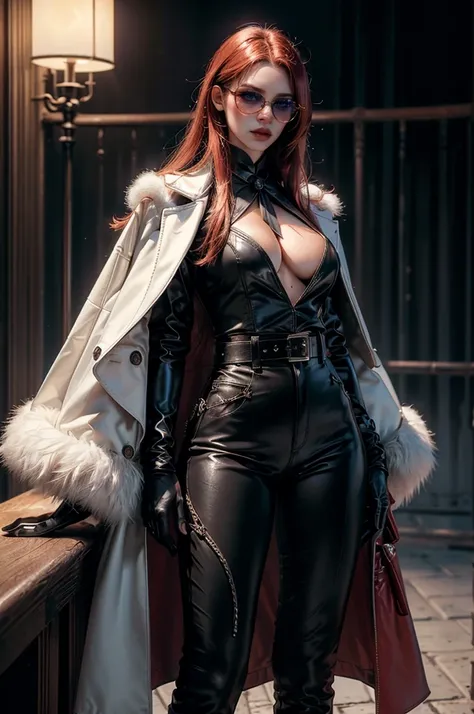 [cowboy shot], a beautiful young woman with long red hair, detailed facial features, ((wearing high quality high waist black leather pants)), ((a formal white colored silk shirt with cleavage and long sleeves)), ((a white fur coat on shoulders)), ((luxury ...