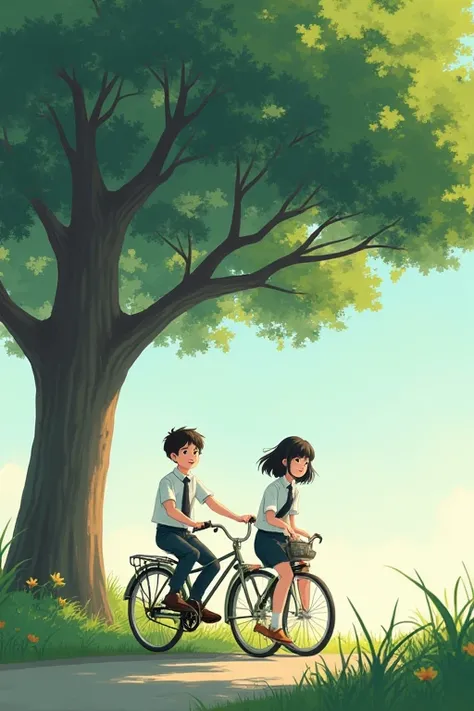 Under the tree,school uniform,3 people,Cute boy,Cute girl,Riding a bicycle,Pastel Photos