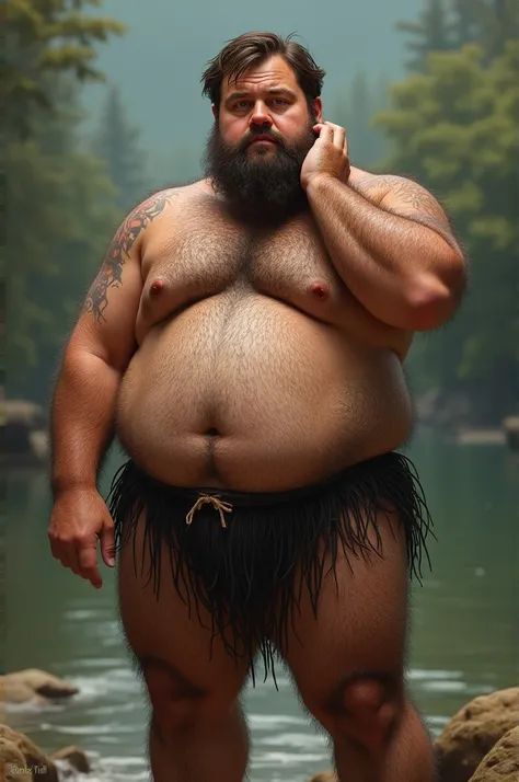 A realistic full body image of a 4 man, fat and hairy, eyes browns, brownhair. Your body is all hairy, with a protruding belly. He&#39;s wearing swimming trunks. Standing with one hand on the back of the neck exposing the hairy armpit.