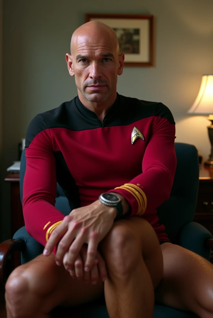 Create Jean Luc picar, It is in a simple office, He&#39;s only wearing extremely small and extremely very tight boxers., He is with his legs open while he is just sitting and looking at the camera provocatively. Let the camera look at him from his knees. 