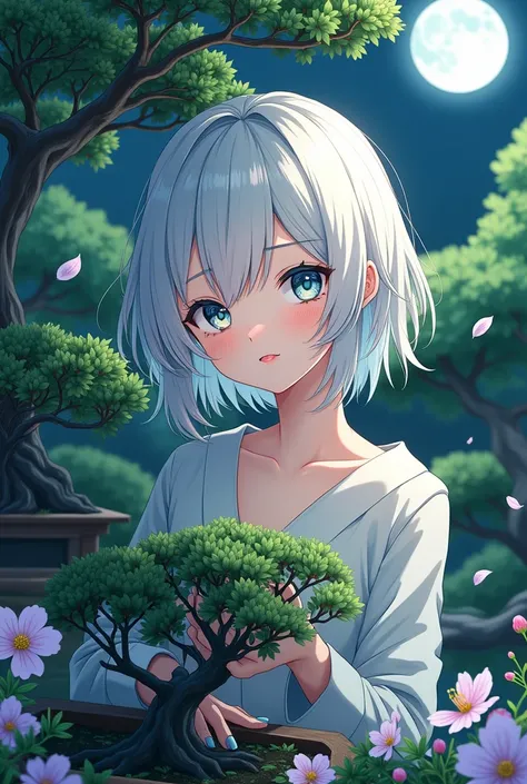 anime style, young adult woman, with blue right eye and green left eye, short white hair. 
Bella.
In a Japanese garden.
Behind a bonsai tree.
with the moon in the background.